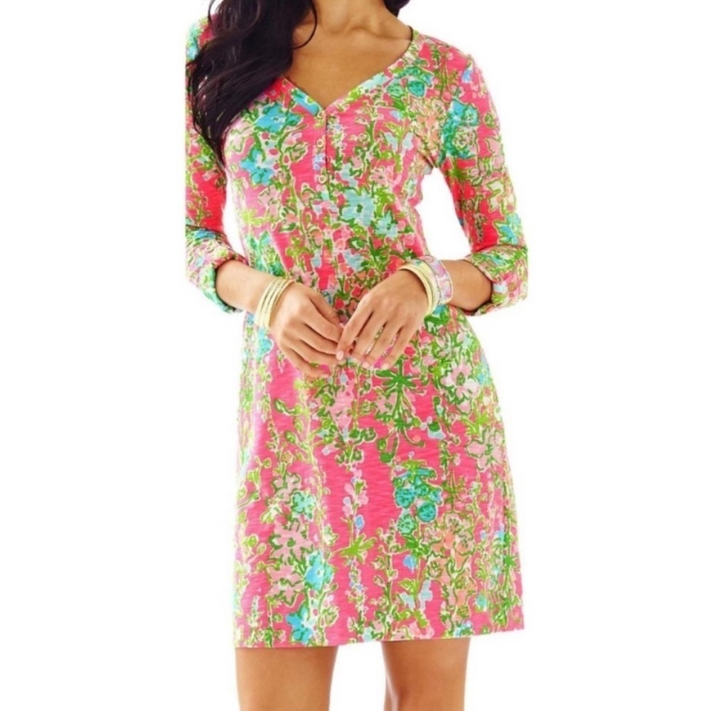 Lilly Pulitzer Palmetto Dress Short V-neck Henley T-shirt Dress Pink Size XS